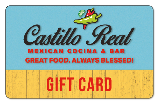 Castillo Real logo over teal background, card features two chile peppers and a lime slice on top. "Gift Card" over yellow w